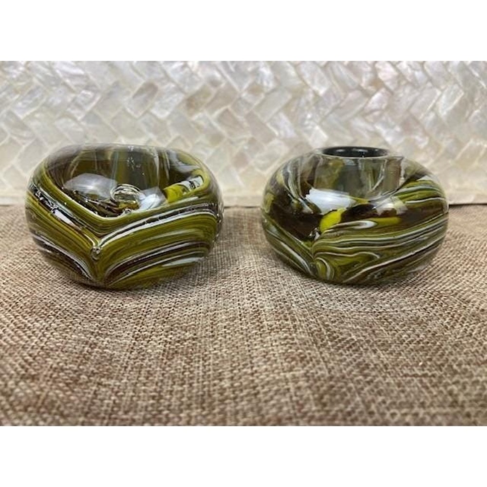 Lenox Art Glass Swirl Candle Holders Set of 2 Green Brown Handcrafted India